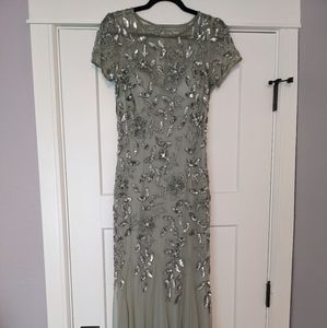 Adrianna Papell Floral Beaded Gown with Godets in Sage, size 4